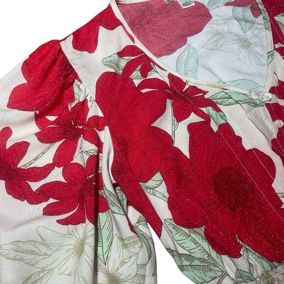 BOG Collective Blouse Crop Top Women S Red Cream Floral Shimmer Balloon Sleeve - Picture 6 of 10